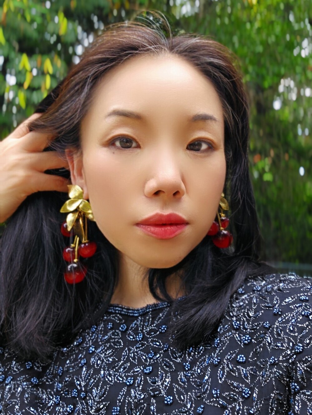 Chunky Cherry Drop Earrings Brass Gold Tone with Red Glass Cherries